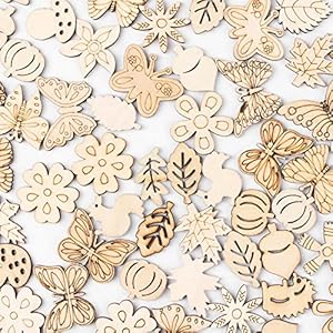 AUEAR, 300 Pack Wooden Embellishments Squirrel Mushroom Leaf Slices Discs Unfinished Cutouts Wood Ornaments for Crafts DIY Handmade Decoration Auear