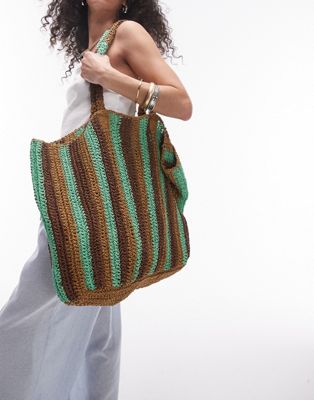 Объемная сумка-тоут из плетеной соломенной ткани Topshop Tana в зеленую полоску TOPSHOP