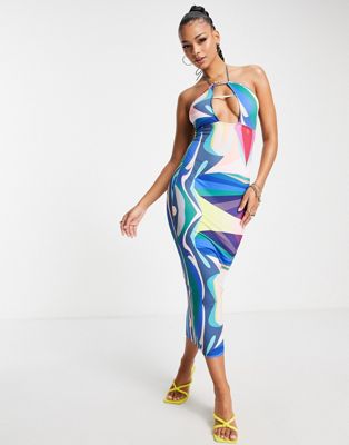 Синее платье миди с глубоким вырезом спереди Simmi с абстрактным принтом Simmi Clothing