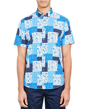 Мужская приталенная рубашка с короткими рукавами в стиле пэчворк и абстрактным цветочным принтом на пуговицах Society of Threads