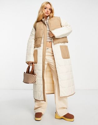 Утепленное пальто Envii 2-в-1 в сетку со съемной жилеткой бежевого и коричневого цветов Envii