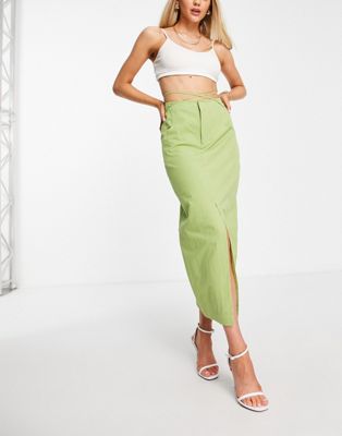 Ghospell tie waist midi skirt in olive green Ghospell