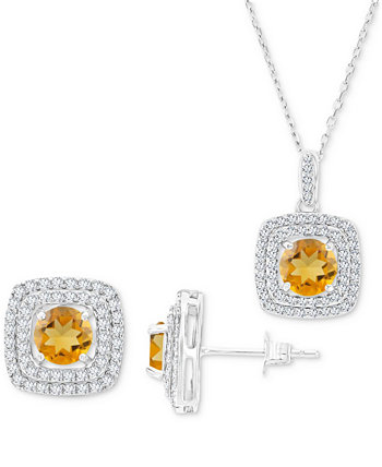 2-Pc. Set Citrine (2-5/8 ct. t.w.) & Lab-Grown White Sapphire (7/8 ct. t.w.) Square Halo Pendant Necklace & Matching Stud Earrings in Sterling Silver Macy's