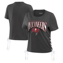 Women's WEAR by Erin Andrews Pewter Tampa Bay Buccaneers Lace Up Side Modest Cropped T-Shirt WEAR by Erin Andrews
