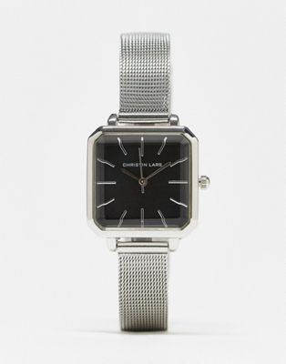 Серебристые часы Christin Lars с квадратным циферблатом и сетчатым ремешком на черном циферблате Christin Lars