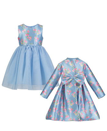 Комплект из расклешенного платья и атласного пальто с цветочным принтом для маленьких девочек Blueberi Boulevard