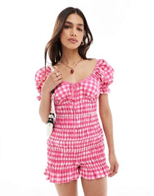 ASOS DESIGN elasticated channel lace trim bow romper in pink gingham ASOS DESIGN
