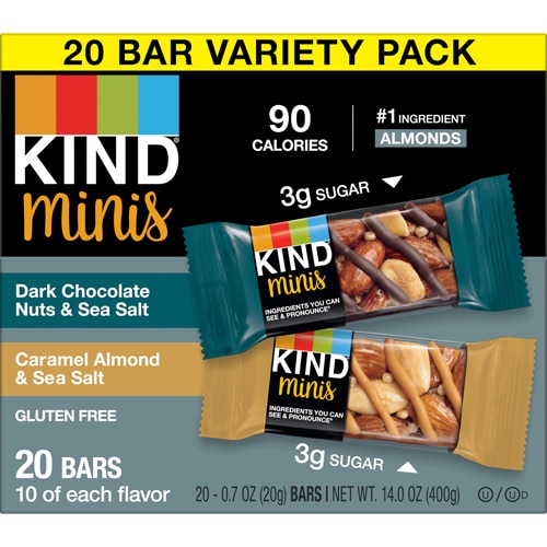 KIND Minis, 20 батончиков, разнообразная упаковка, темный шоколад, орехи и усилители; Морская соль и карамельный миндаль &amp; Морская соль -- 20 баров KIND