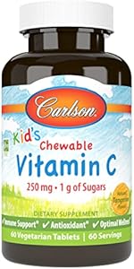 Carlson - Kid's Chewable Vitamin C, 250 mg, 1 g of Sugars, Immune Support & Optimal Wellness, Antioxidant, Tangerine, 60 Vegetarian Tablets Carlson