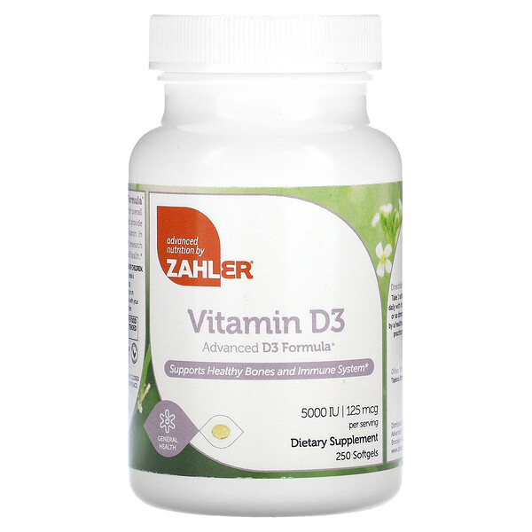 Витамин D3, усовершенствованная формула D3, 125 мкг (5000 МЕ), 250 мягких таблеток Zahler