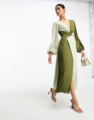 Оливково-шалфейное платье миди с контрастным узлом спереди Pretty Lavish Pretty Lavish