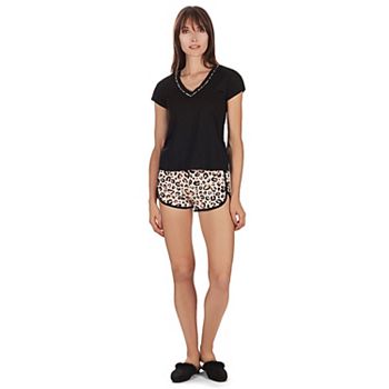 Women's Leopard V-Neck Short Cotton Blend Pajama Set Memoi