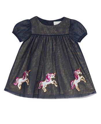 Baby Girls 2-Tone Mesh Float Dress with Unicorn Sequin Border Rare Editions