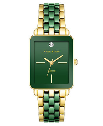 Женские кварцевые прямоугольные золотые часы с тремя стрелками из сплава с зеленым керамическим браслетом, 26 мм Anne Klein