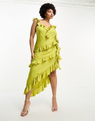 Эксклюзивное оливково-зеленое платье макси на бретельках с рюшами и драпировкой ASOS DESIGN Curve ASOS Curve