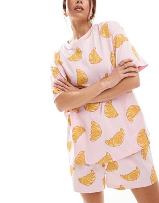 ASOS DESIGN croissant oversized tee & shorts pajama set in pink ASOS DESIGN