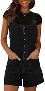 PLNOTME Women's Summer Denim Romper Overall Shorts Button Up Front Sleeveless Jean Jumper with Pockets Plnotme