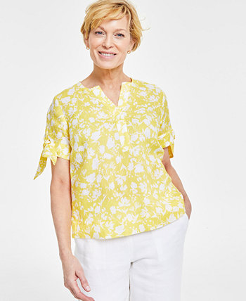 Women's 100% Linen Printed Tie-Sleeve Top, Created for Macy's Charter Club