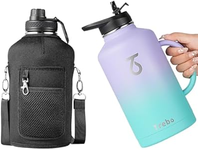 Trebo 64 oz Water Bottle Insulated with Handle, Half Gallon Stainless Steel Metal Large Jug, Travel Flask with Straw Spout Lid, Mug Tumbler Cup with Carry Pouch, Keep Cold Hot, Indigo Black Trebo