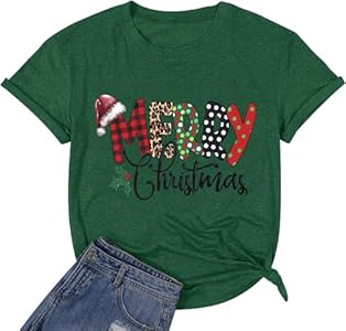 Cute Merry Christmas Shirts for Women Funny Buffalo Plaid Leopard Letter Print Graphic Tee Top Xmas Gifts Calvin&Sally