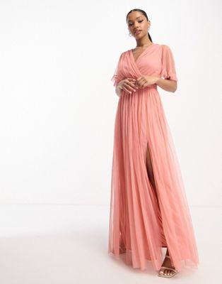 Кораллово-розовое платье макси с развевающимися рукавами Anaya Bridesmaid Anaya