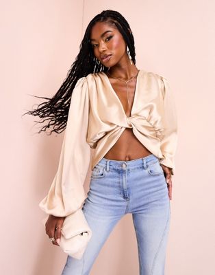 ASOS LUXE satin drape twist front top in oyster ASOS Luxe