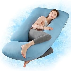 Wndy's Dream Pregnancy Pillow with Cooling Cover, Side J Type Full-Body Pillow for Back, Legs and Belly Support, Comfortable Slumber for Pregnant Women(Blue) Wndy's Dream