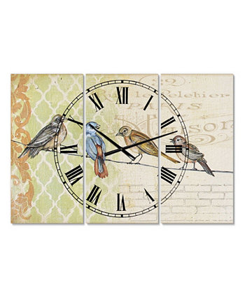 Птицы, собранные на проволоке, Большой коттедж "Париж II", 3 панели, настенные часы - 23 "x 23" x 1 " Designart