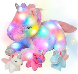 Hopearl LED Plush Unicorn Lighting Up Stuffed Mommy Unicorn with 3 Baby Unicorns in her Tummy Stuffed Animal Playset Night Lights Glow in The Dark for Mom Toddler Girls, Rainbow, 19'' Hopearl