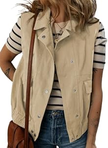 Dokotoo Womens Vests Outerwear Button-Down Lapel Collar Elastic Hem Lightweight Spring Waistcoat Sleeveless Jacket Cargo Vest Dokotoo