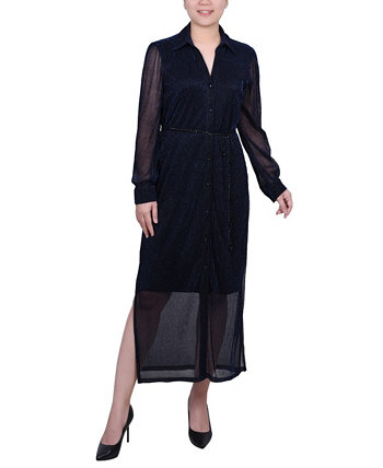Женское плиссированное сетчатое платье с длинными рукавами и поясом NY Collection