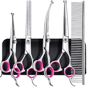 Gimars Professional 4CR Stainless Steel 6 in 1 Grooming Scissors for Dogs with Safety Round Tip, Heavy Duty Titanium Coated Pet Grooming Scissor for Dogs, Cats and Other Animals Gimars