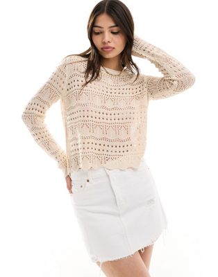 JDY open knit scallop edge top in beige JDY