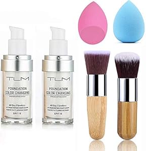 2pcs TLM Color Changing Foundation Liquid with 2 Brushes and 2 Cosmetics Sponge Flawless Full Coverage Natural Color Face Primer Base Makeup 30ml UCANBE