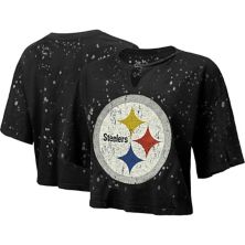 Черная женская укороченная футболка с вырезом и вырезом Majestic Threads Pittsburgh Steelers Bleach Splatter Majestic