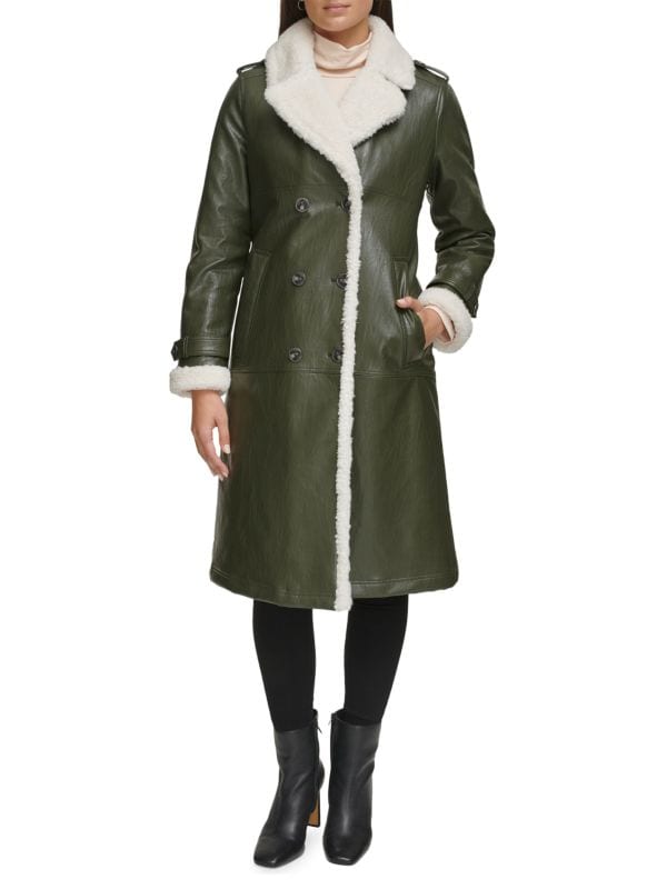 Двубортное пальто с отделкой из искусственной овчины Kenneth Cole
