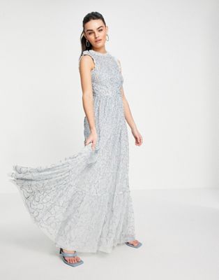 Maya all over embellished maxi dress with lace top in ice blue Maya