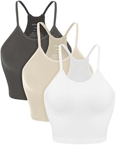 ODODOS Women's Crop 3-Pack Seamless Rib-Knit Camisole Crop Tank Tops Ododos