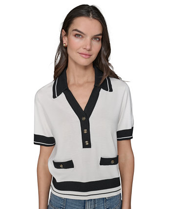 Petite Short-Sleeve Tipped Polo Sweater Karl Lagerfeld Paris