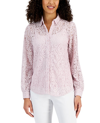 Women's Lace Button-Down Long-Sleeve Shirt, Created for Macy's J&M Collection