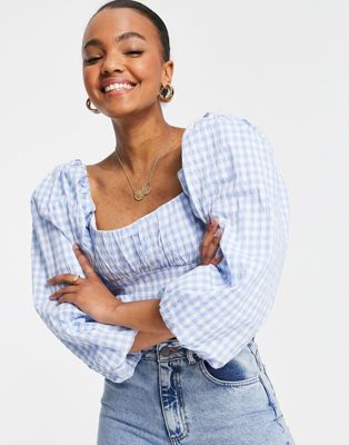 Ever New balloon sleeve crop top in baby blue gingham Ever New