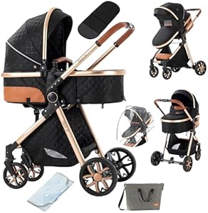 2 in 1 Baby Stroller with Bassinet Reversible Portable Standard Baby Stroller Convertible Pushchair Infant Buggy Baby Carriage Foldable High Landscape Pram for Toddler Newborn (2US588-BG 2 in 1) Suttonbebe