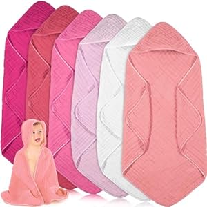 Peryiter 6 Pcs Muslin Hooded Baby Towels,32"x 32" Cotton Newborn Bath Towel Muslin Infant Baby Towels Absorbent Unisex Hooded Blankets,Newborn Registry Baby Gift for Girls Boys (Pink) Peryiter