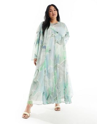 ASOS EDITION Curve long sleeve chiffon maxi dress with gathered detail in blue watercolour ASOS EDITION