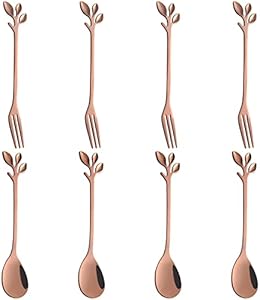 AnSaw 8-Piece Black 4.7" Leaf Handle Mini Spoons & Forks - Perfect for Coffee, Desserts, Tea, Appetizers | Elegant Stainless Steel Cutlery Set for Parties, Charcuterie Boards & Cocktails AnSaw