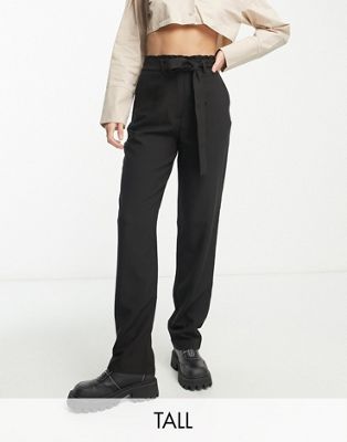 Pieces Tall paperbag waist straight pants in black Pieces Tall