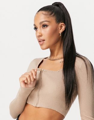 4th & Reckless knit crop top with zip front in camel 4TH & RECKLESS