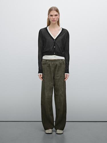 Suede leather trousers with linen detail Massimo Dutti