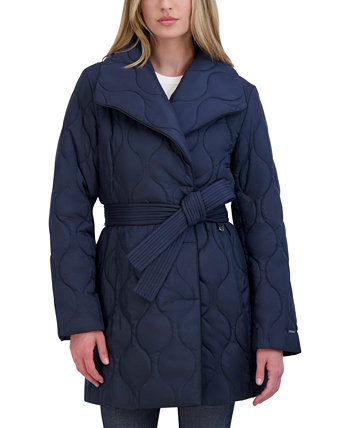 Женское асимметричное стеганое пальто для миниатюрных размеров с поясом Tahari