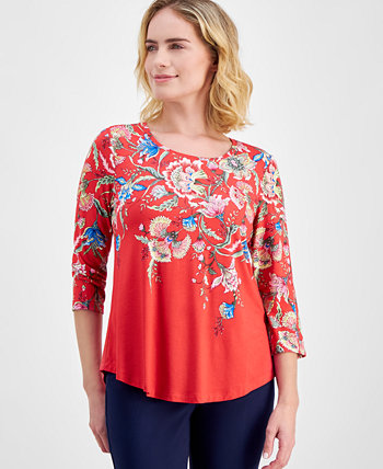 Petite Cascading Floral 3/4-Sleeve Top, Created for Macy's J&M Collection